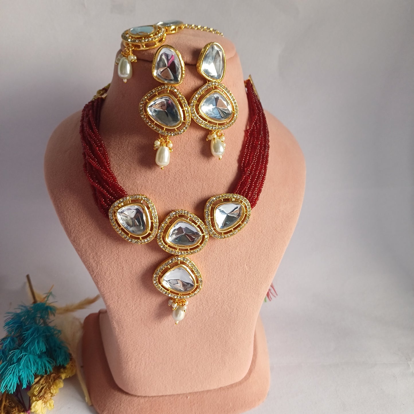 Maroon Beads Kundan Necklace Set