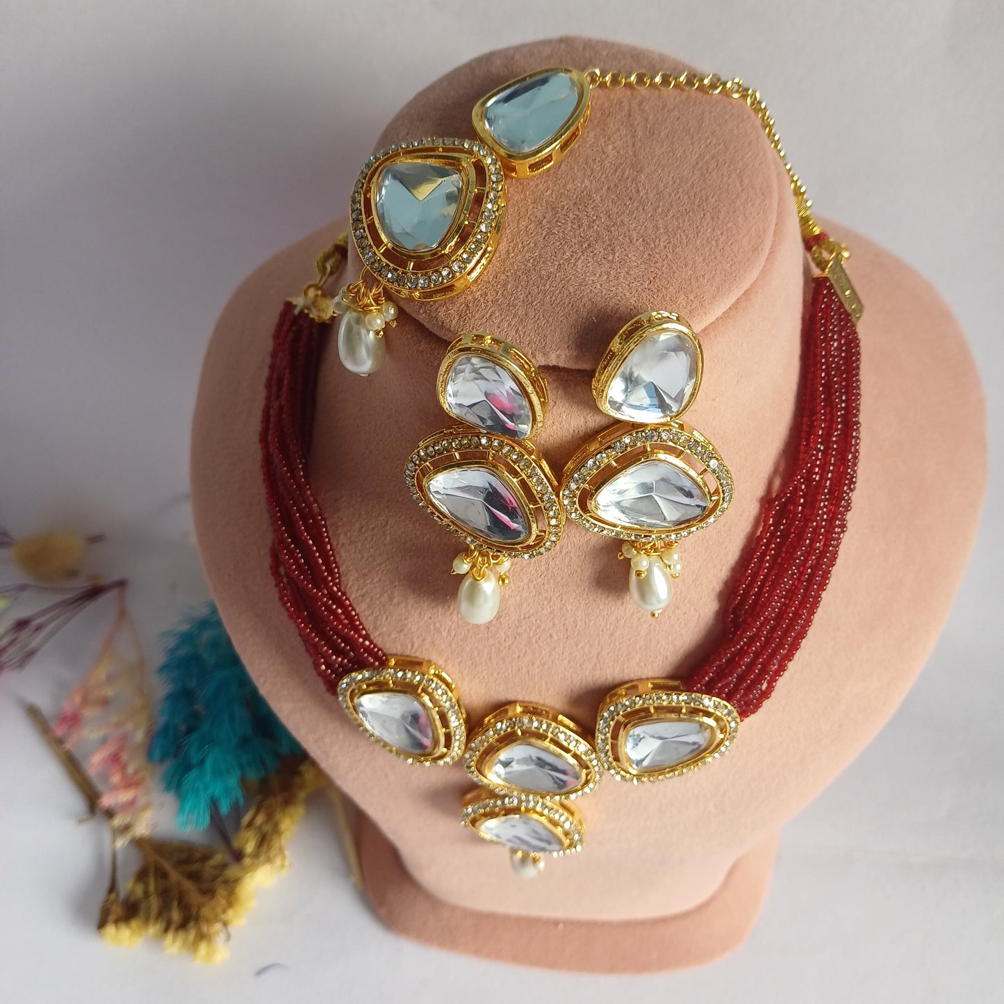 Maroon Beads Kundan Necklace Set