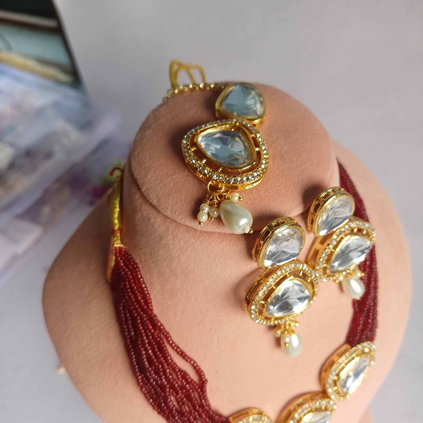 Maroon Beads Kundan Necklace Set