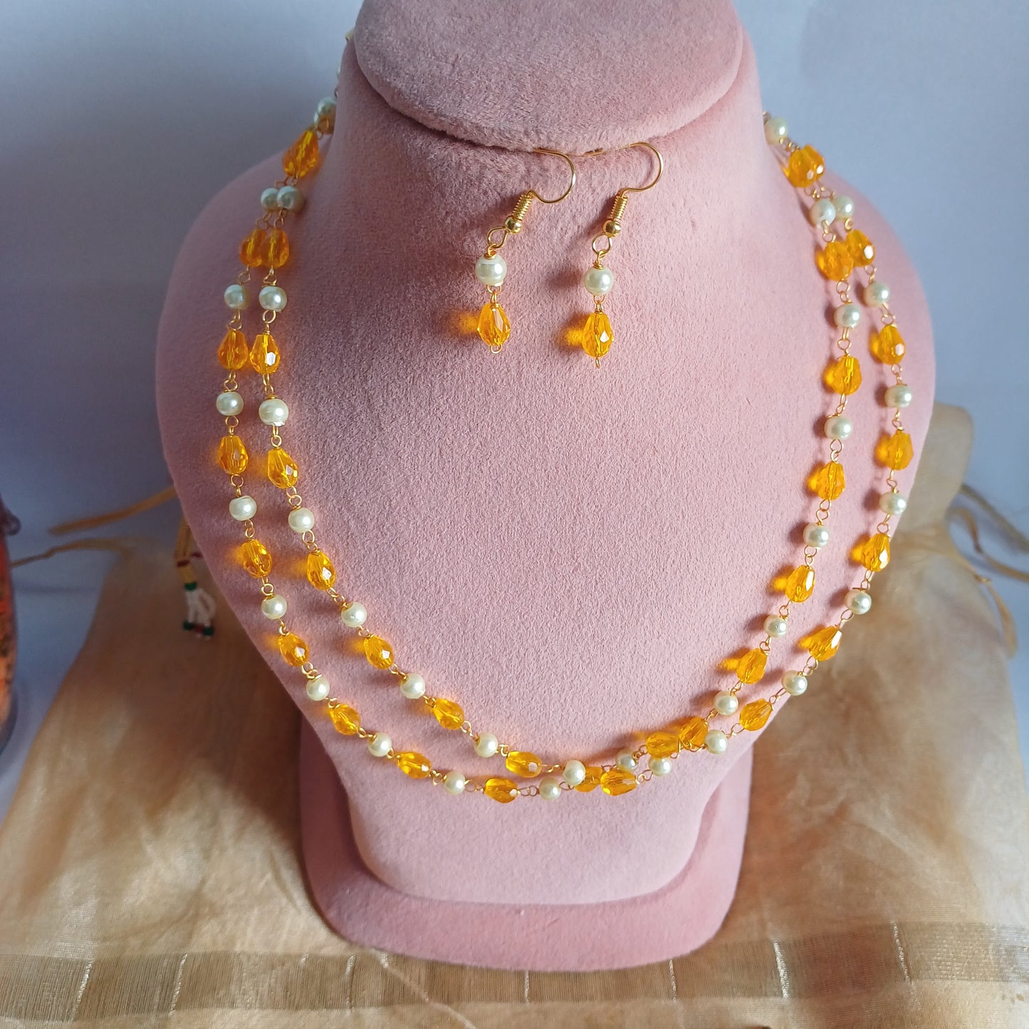 Yellow Beads with Pearls Jewellery Set