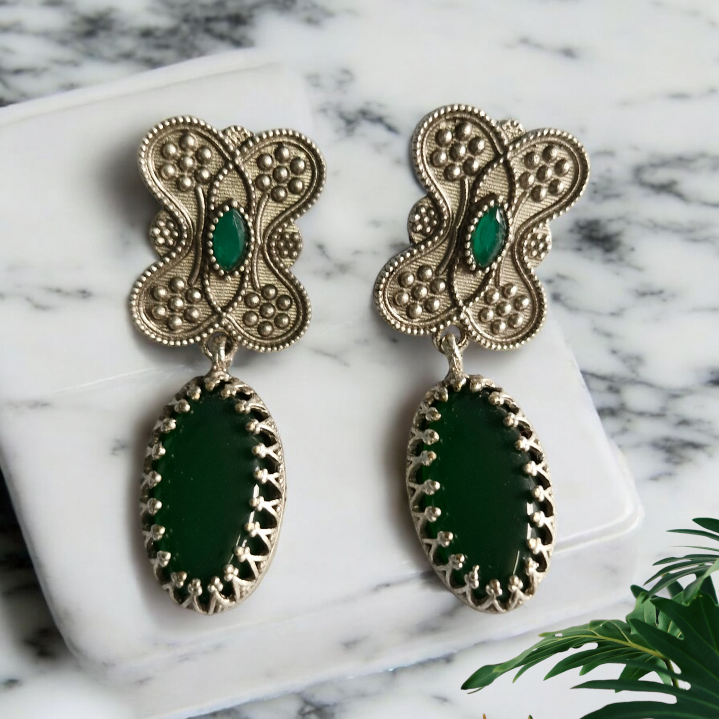 Emerald Oxidised Earrings