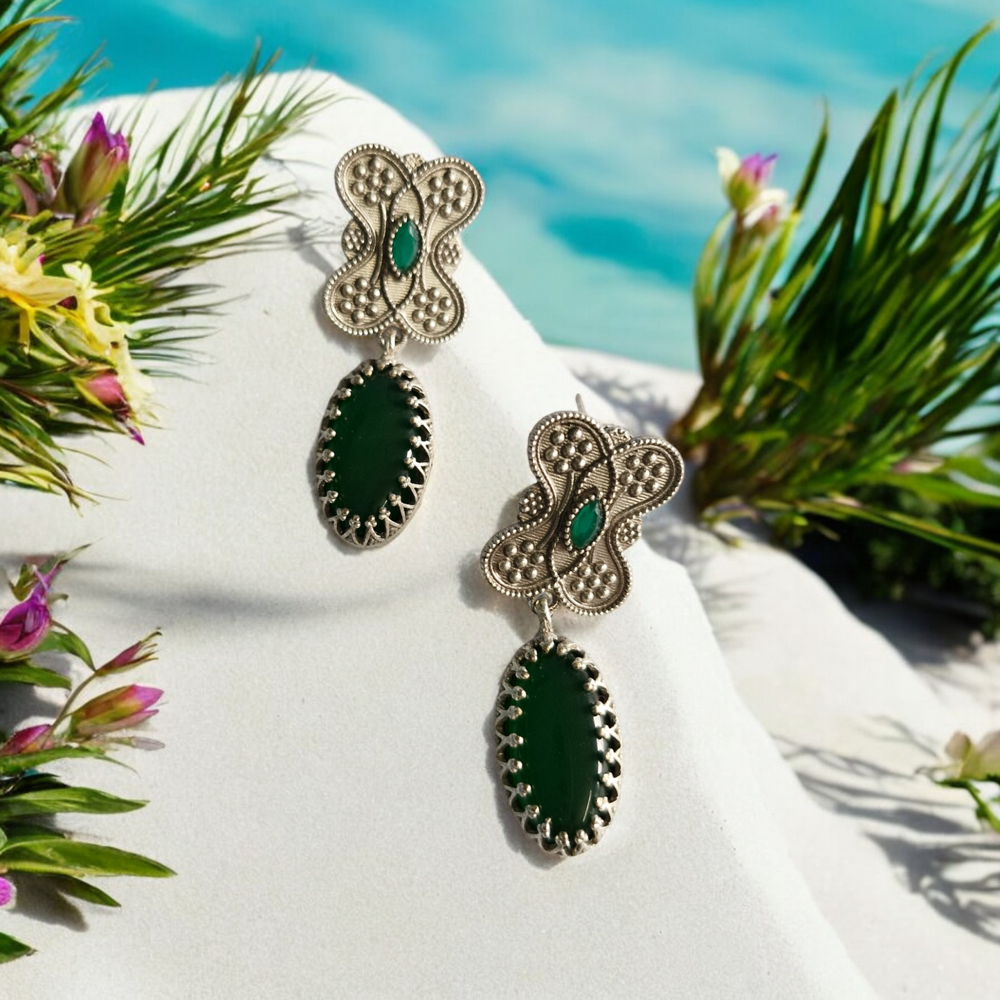 Emerald Oxidised Earrings